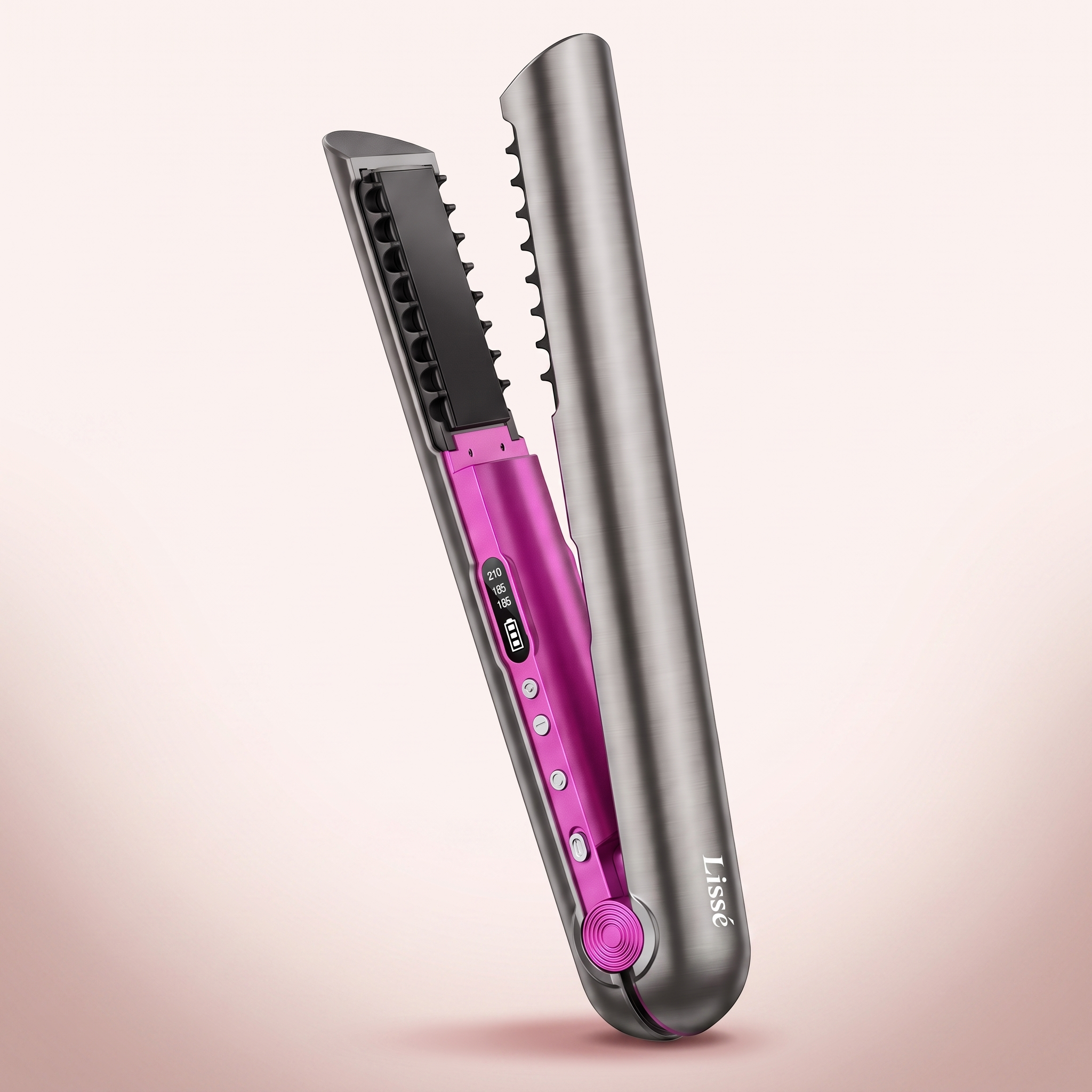Plancha inalámbrica Lissé en gris y rosa, de pie